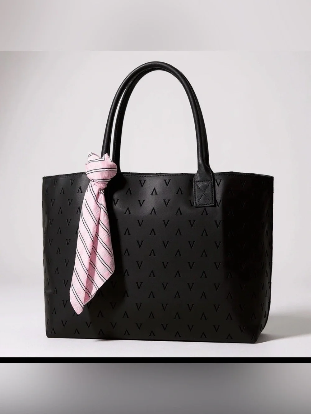 NEW Victoria’s Secret Embossed Black Tote Bag with Pink Scarf Accent
